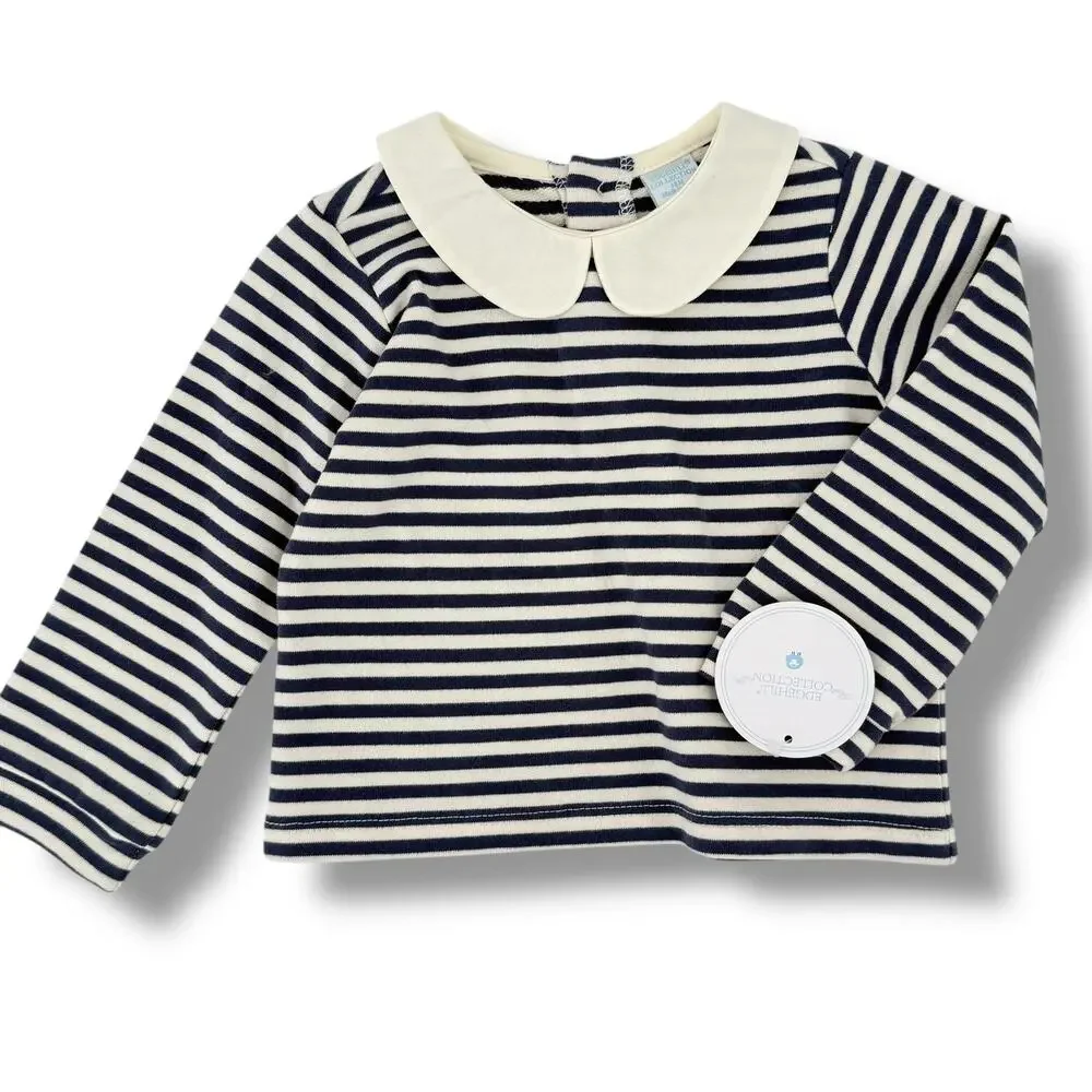 Edgehill Collection Navy Stripe 2pc Outfit Baby Boy Sz 9M Peter Pan Collar